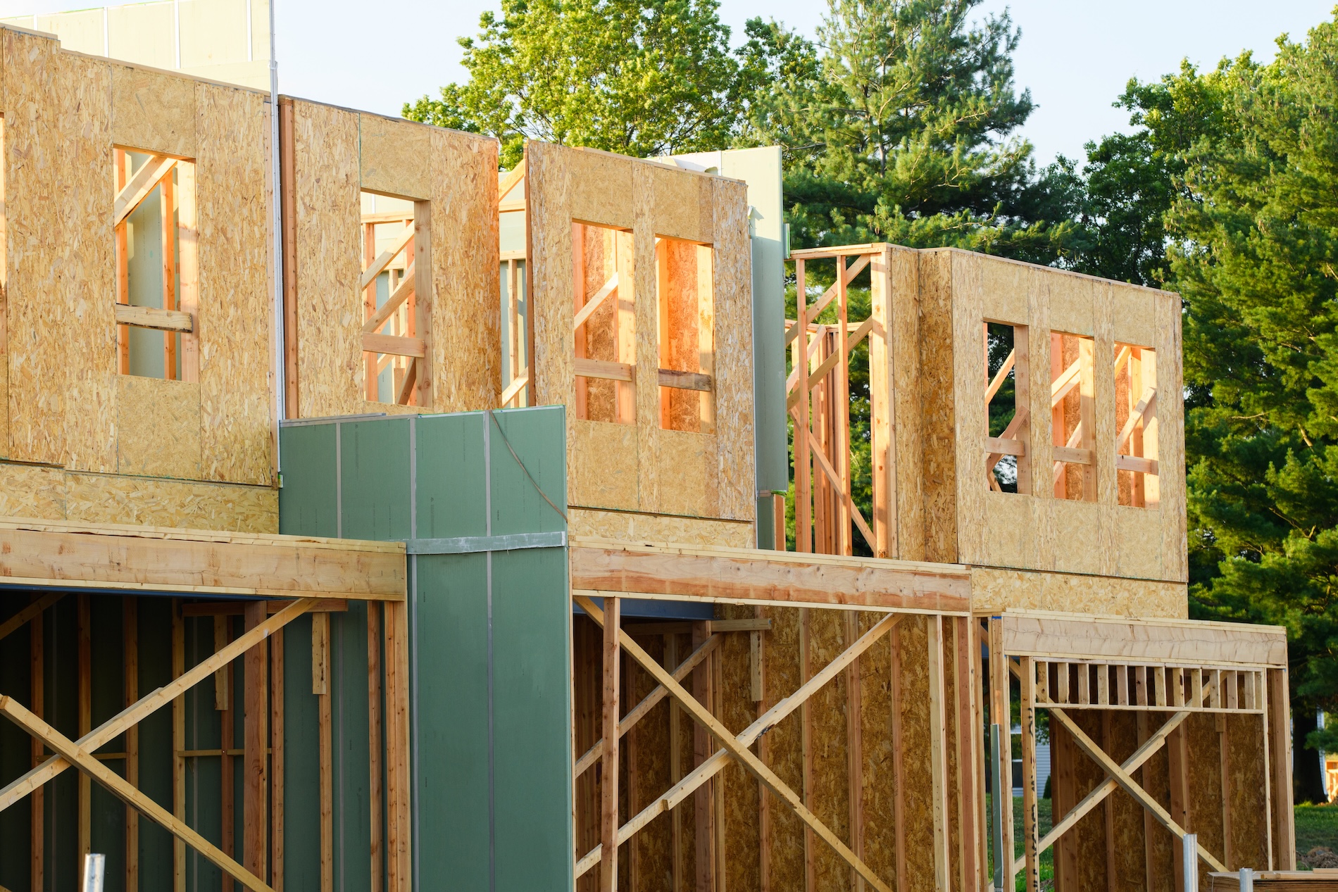 Wood-framed walls and plywood sheathing during ADU construction in Long Beach